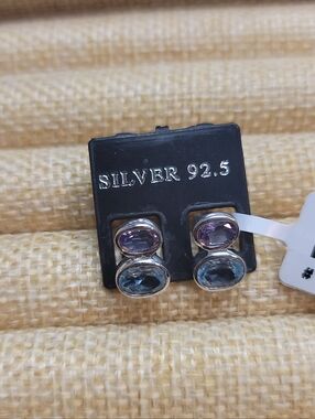 Sterling Silver Dual Amethyst and Blue Topaz Stud Earrings